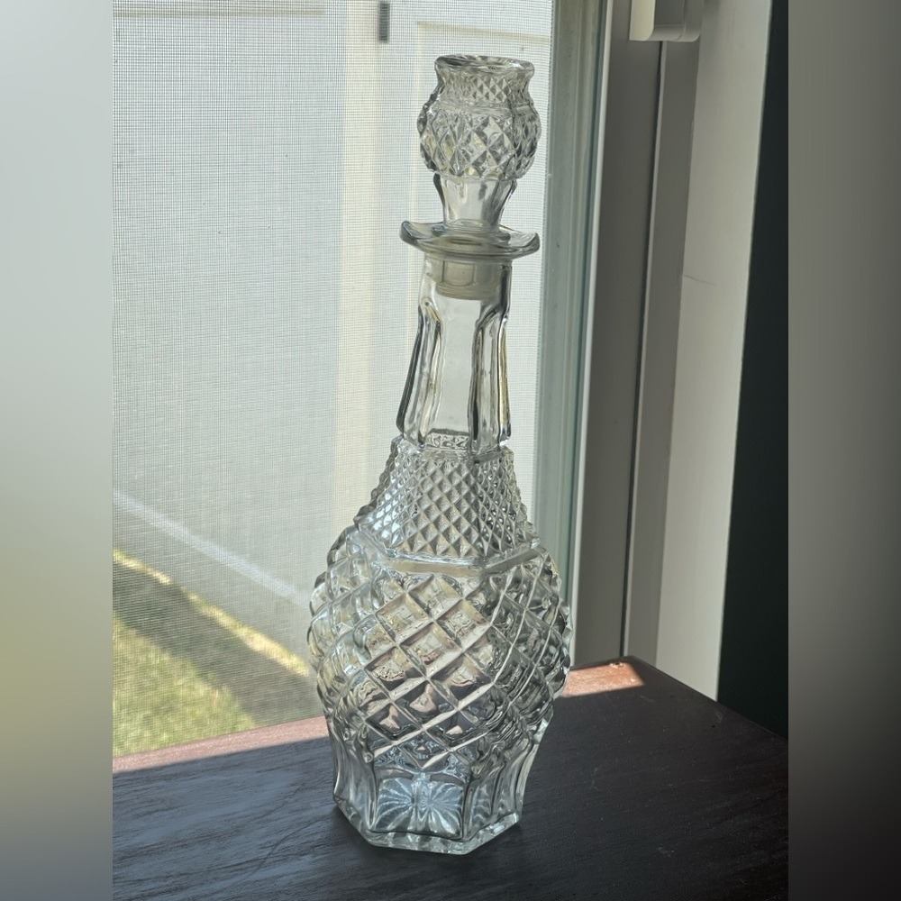 Vintage Clear Pressed Glass Decanter Diamond Point Waffle Pattern with Stopper